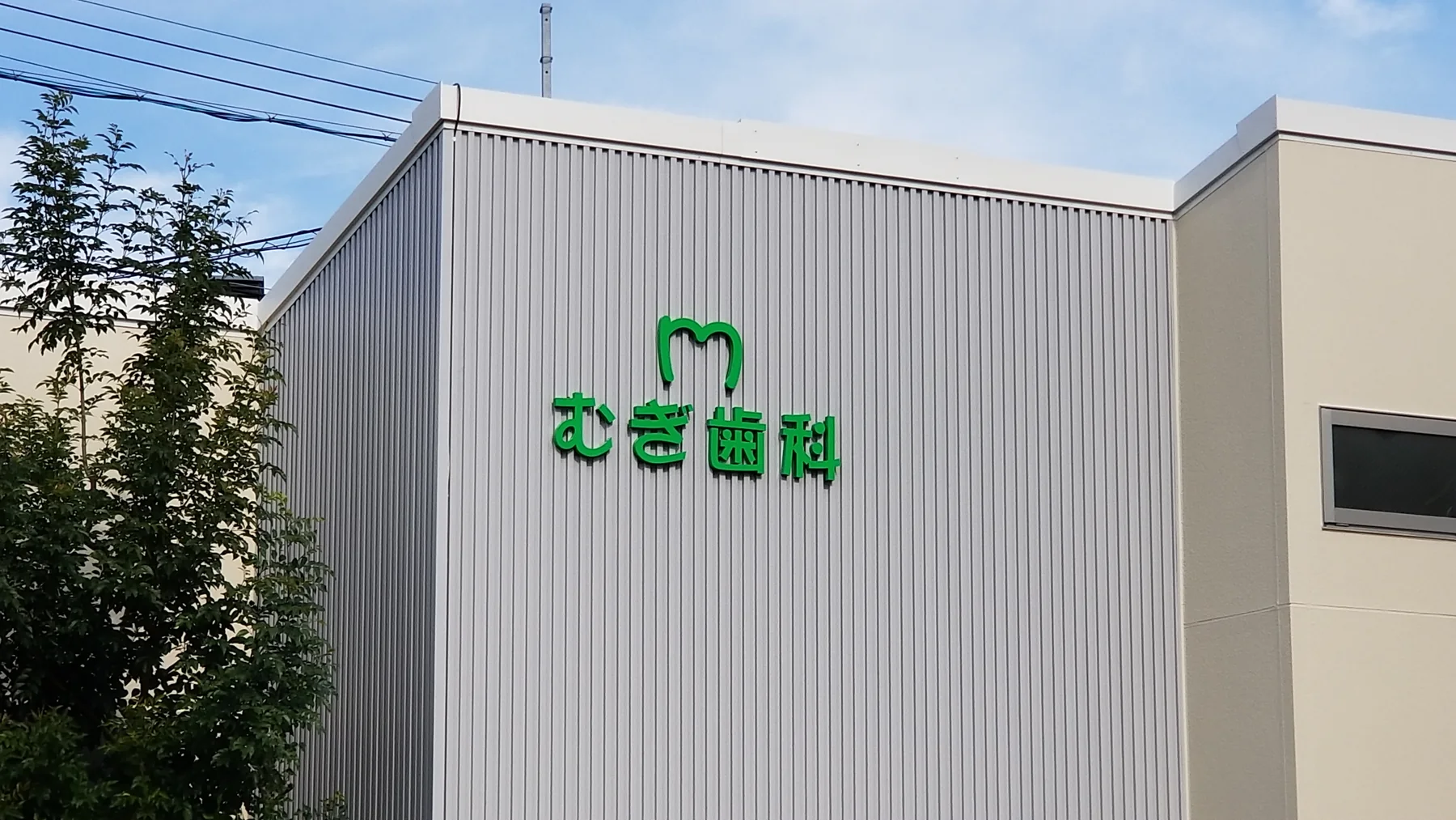 足場解体後に近くから確認したむぎ歯科のステンレス箱文字看板