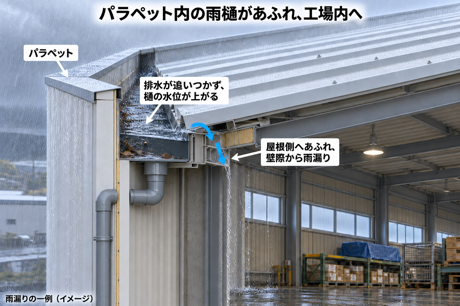 パラペット内の雨樋があふれ、壁際から工場内へ雨漏りする仕組み（生成イメージ）