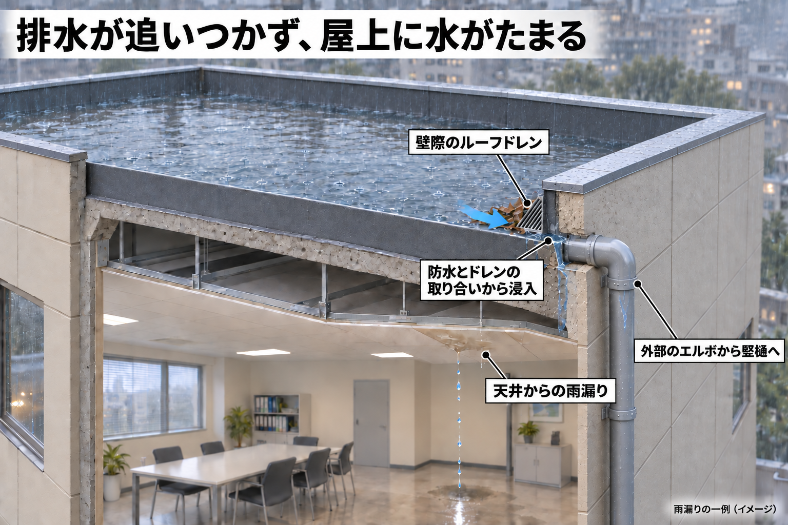 屋上にたまった雨水が、排水口まわりから天井へ漏れる仕組み（生成イメージ）