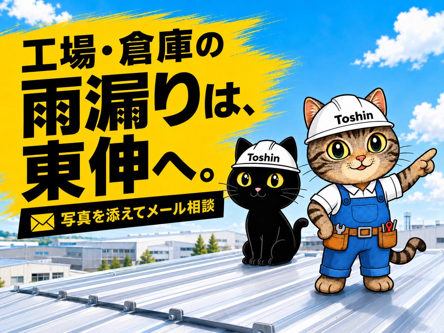 工場・倉庫の雨漏り相談を案内する東伸の黒猫とキジトラ